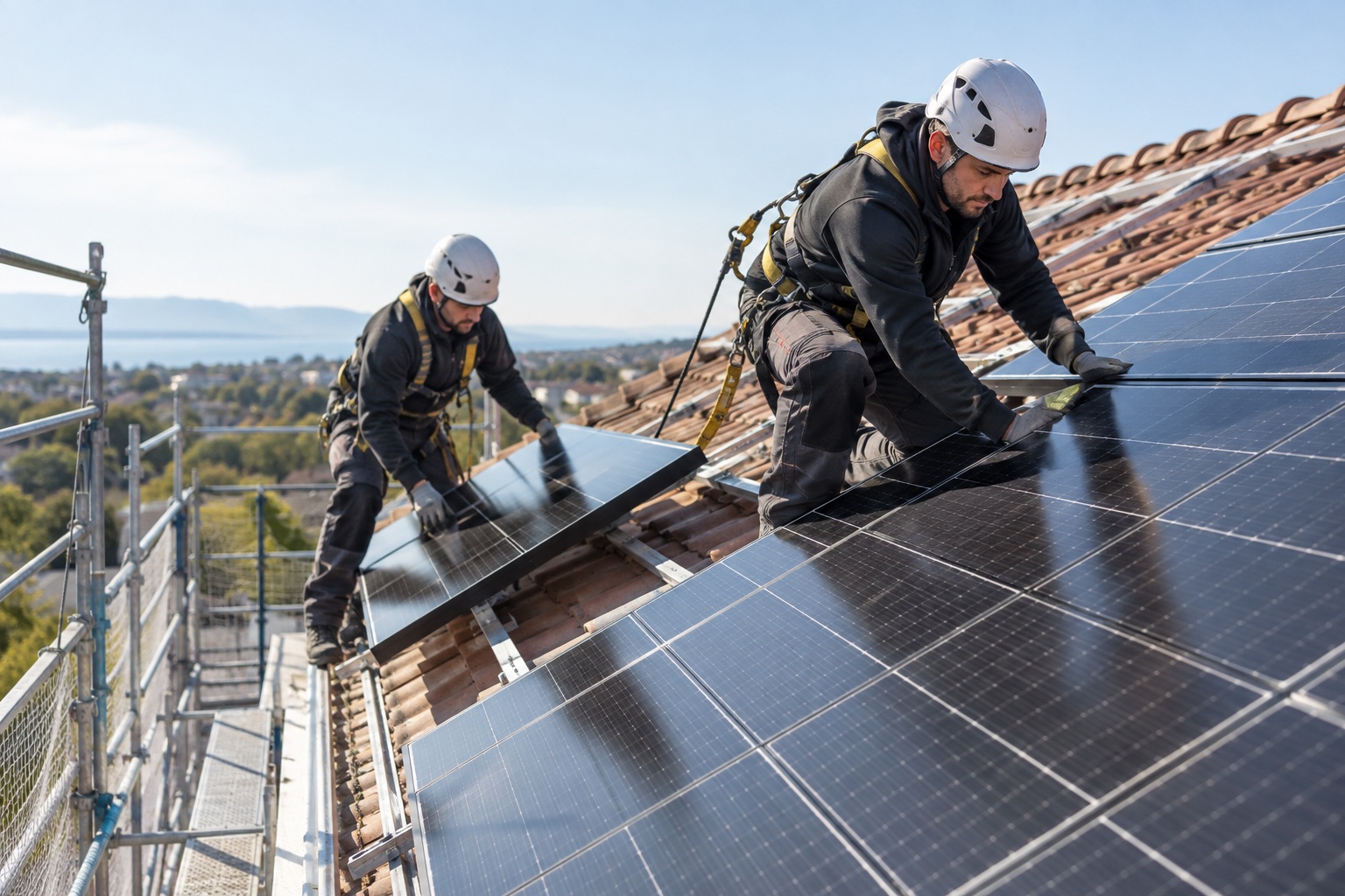 Installateurs posant des panneaux solaires sur une toiture