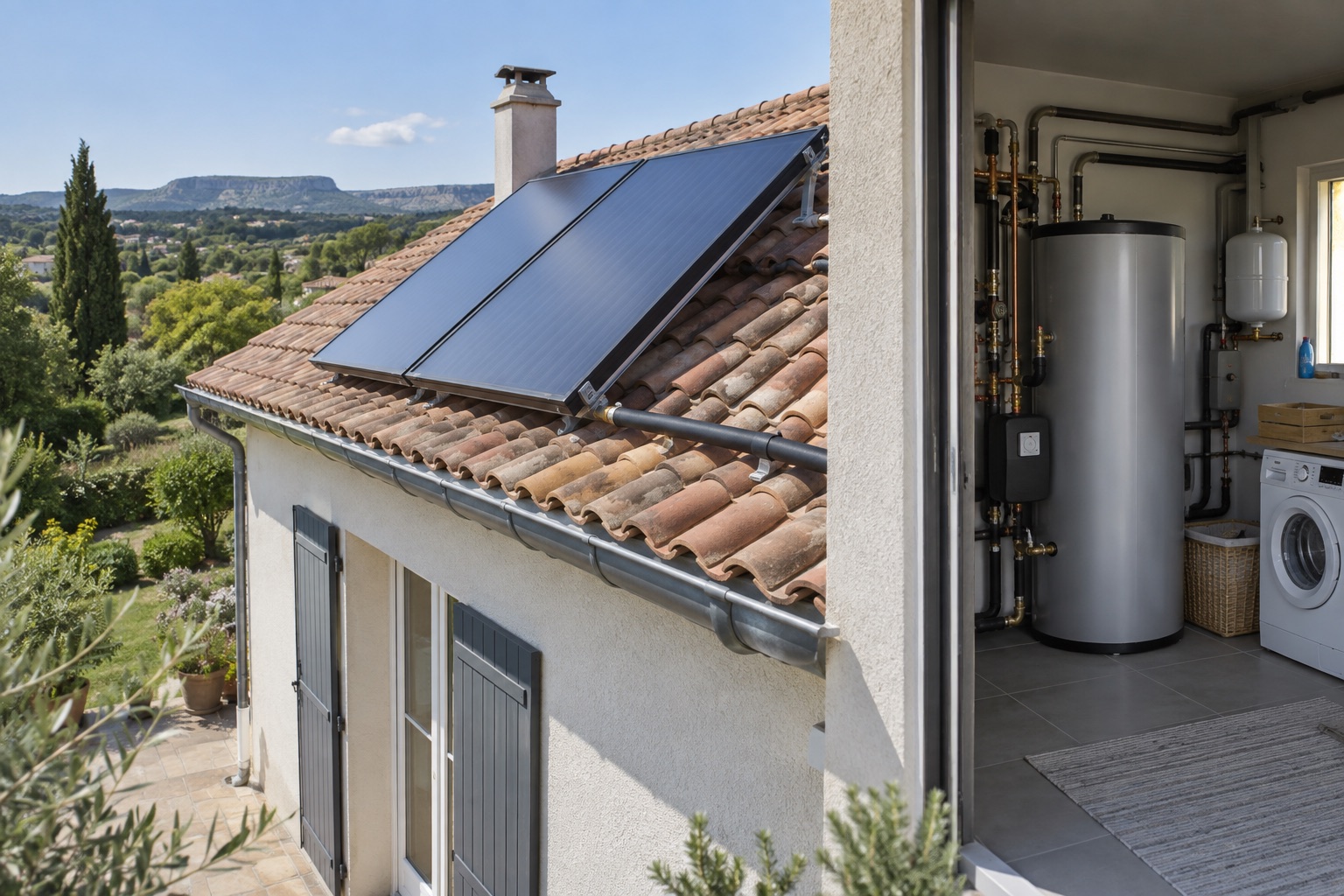 Capteurs solaires thermiques et ballon de stockage dans une maison